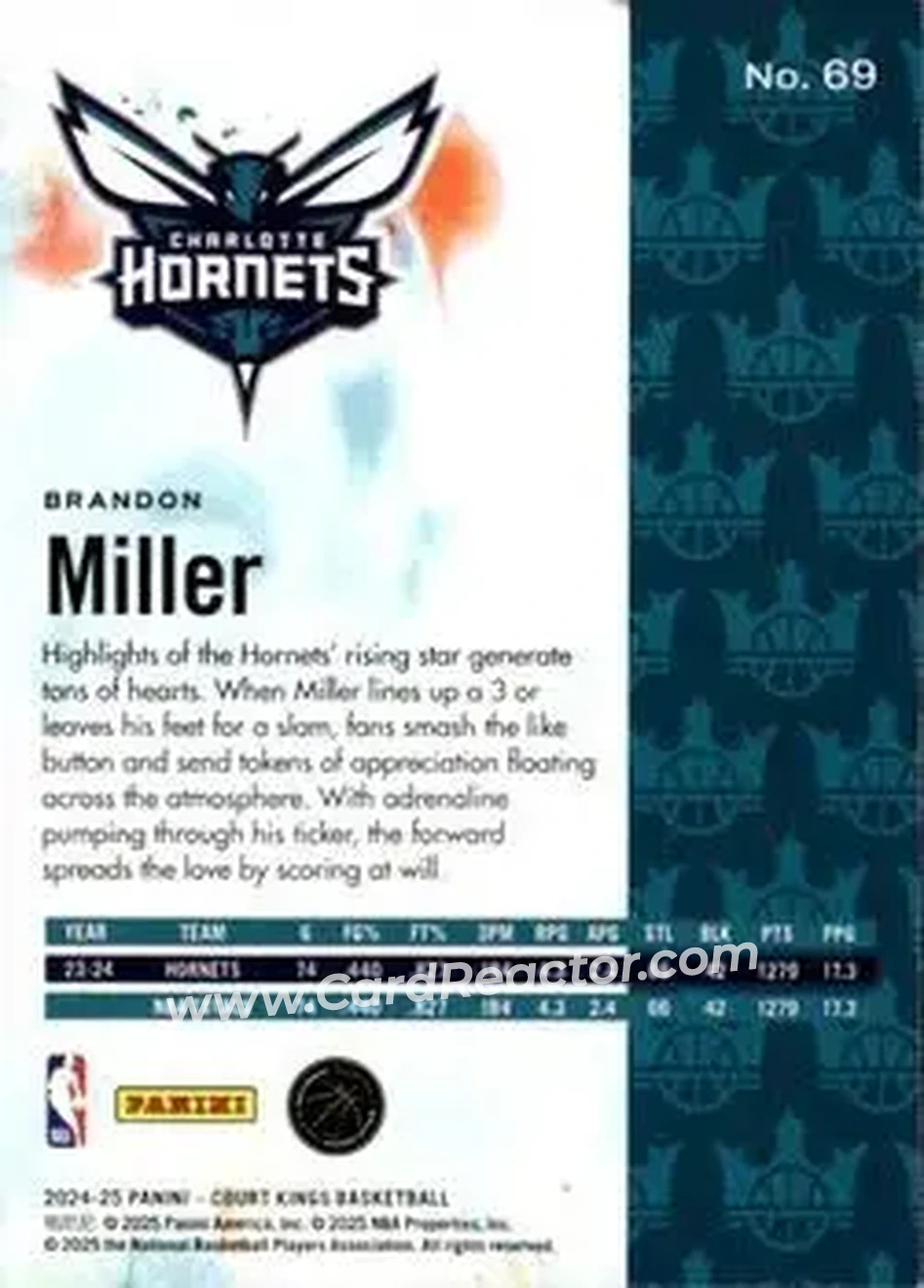2024-25 Panini Court Kings #69 - Brandon Miller - Charlotte Hornets - Back
