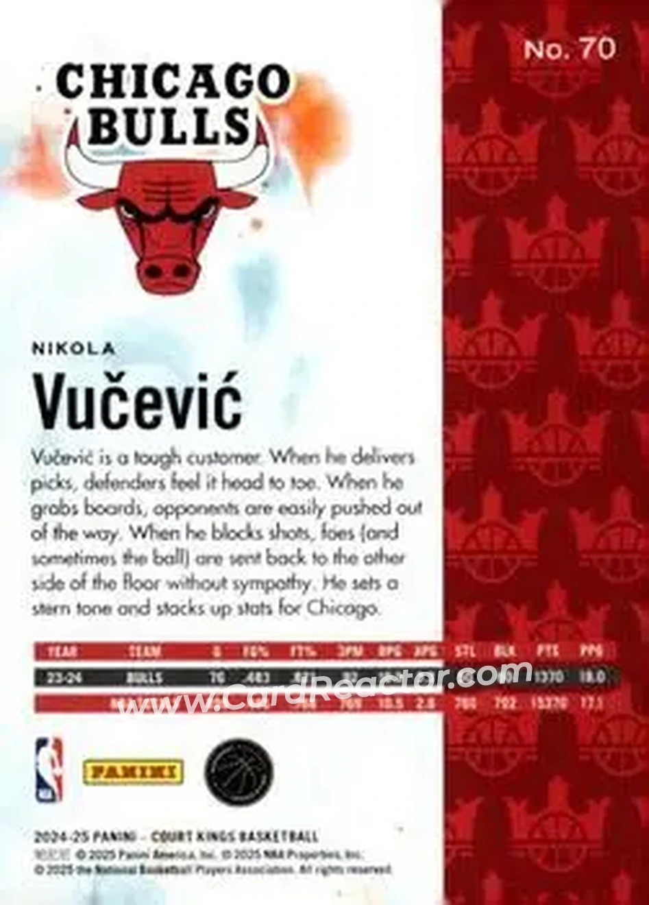 2024-25 Panini Court Kings #70 - Nikola Vučević - Chicago Bulls - Back