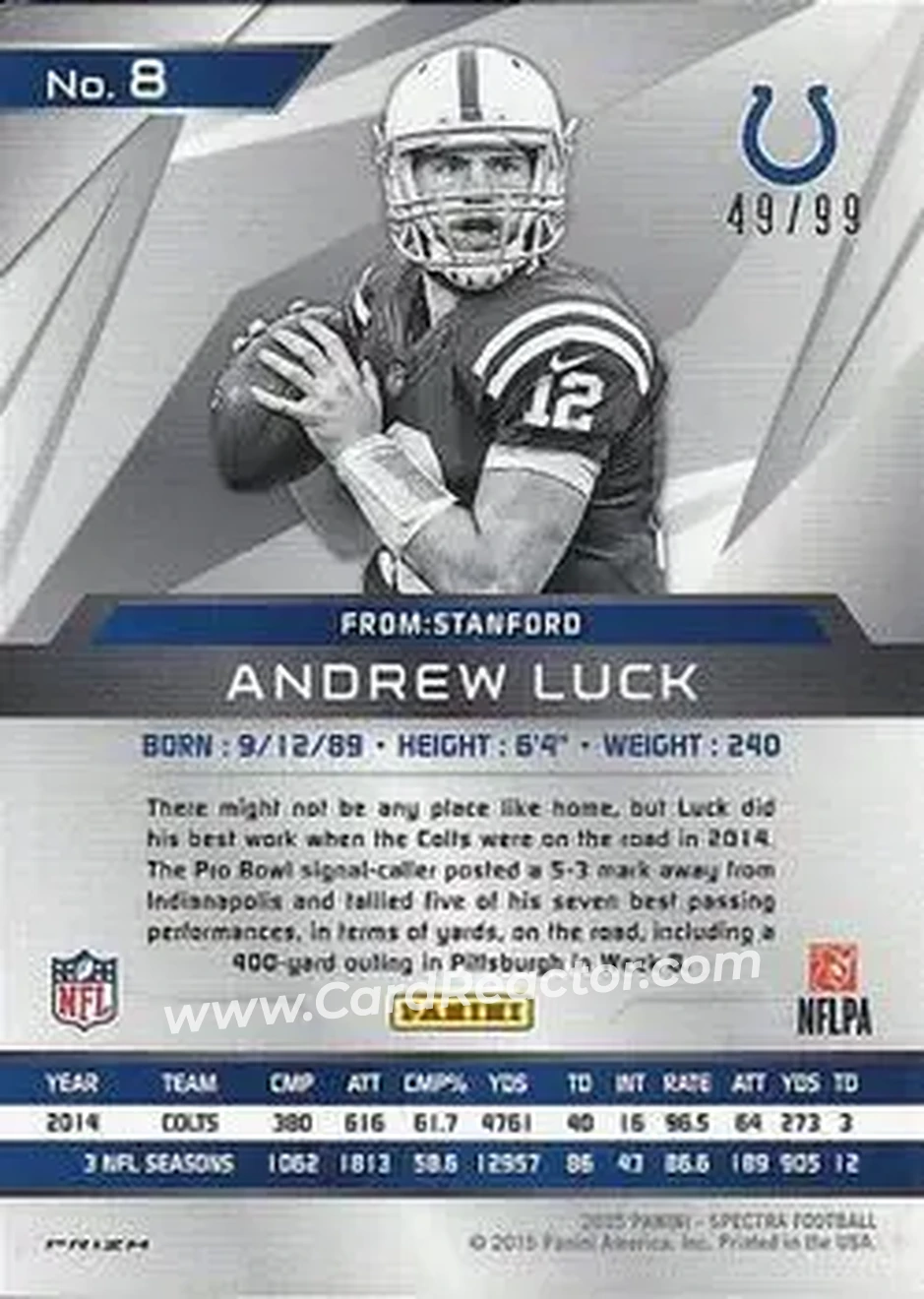 2015 Panini Spectra #8b - Andrew Luck - Indianapolis Colts - Back