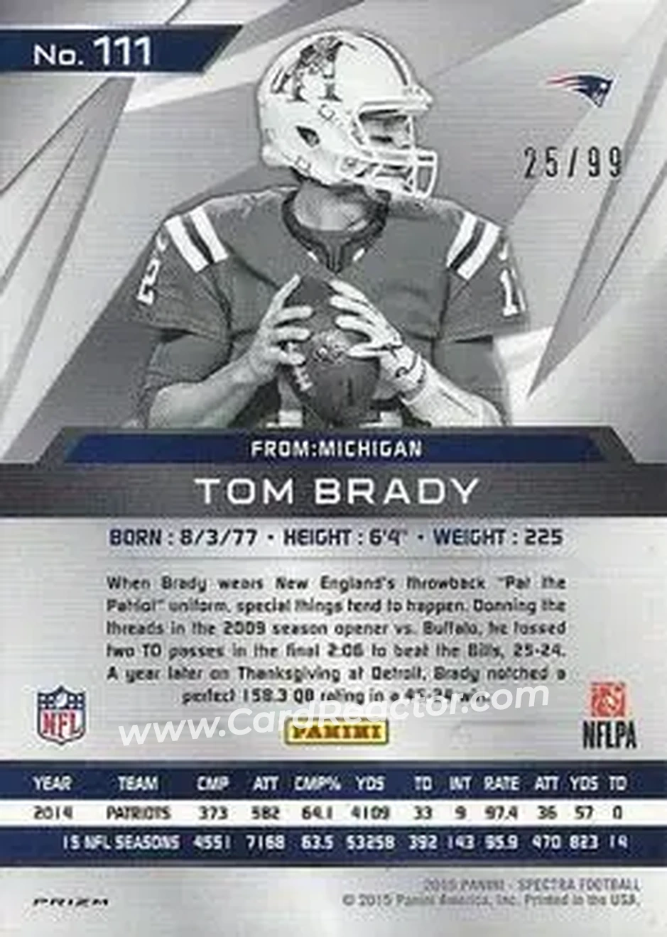 2015 Panini Spectra #111b - Tom Brady - New England Patriots - Back 2015 Panini Spectra #111b - Tom Brady - New England Patriots - Back