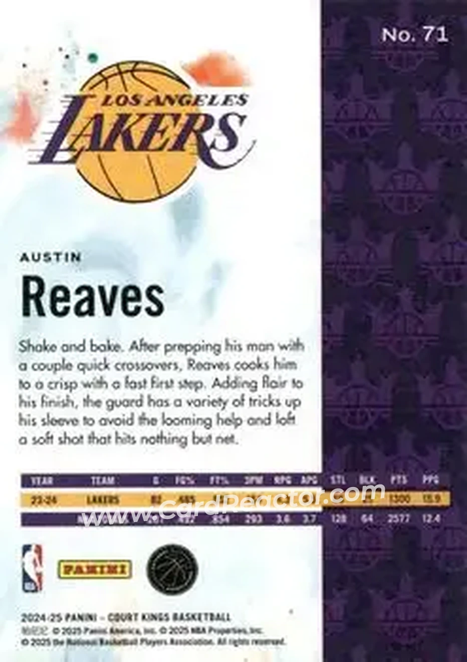 2024-25 Panini Court Kings #71 - Austin Reaves - Los Angeles Lakers - Back 2024-25 Panini Court Kings #71 - Austin Reaves - Los Angeles Lakers - Back