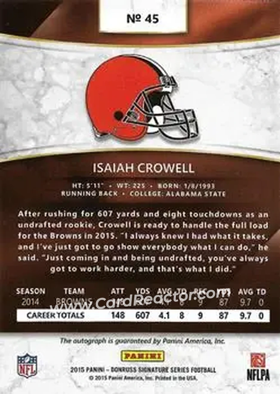 2015 Donruss Signature Series - Gold #45 - Isaiah Crowell - Cleveland Browns - Back
