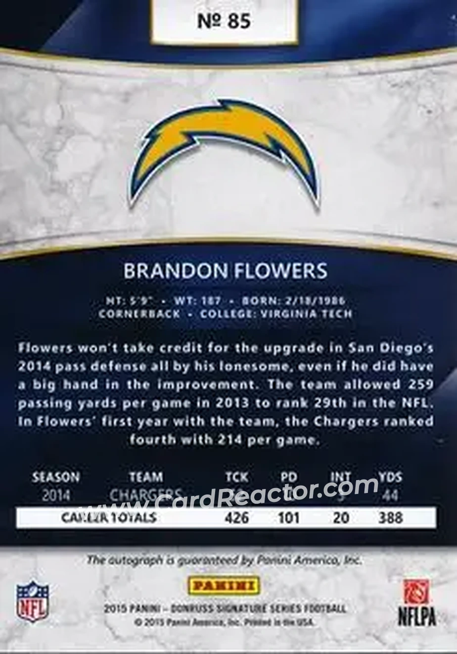 2015 Donruss Signature Series - Gold #85 - Brandon Flowers - San Diego Chargers - Back 2015 Donruss Signature Series - Gold #85 - Brandon Flowers - San Diego Chargers - Back
