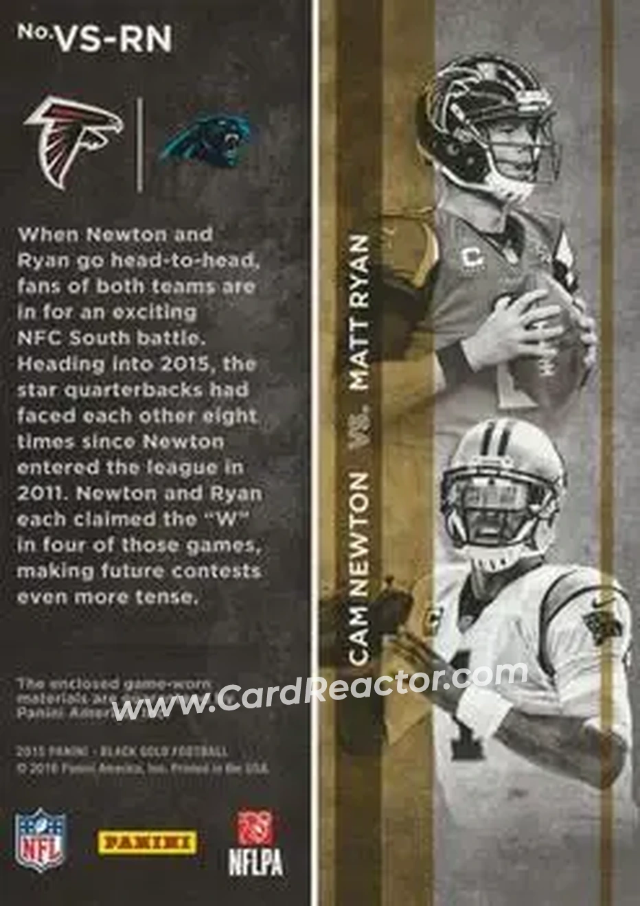 2015 Panini Black Gold - VS #VS-RN - Matt Ryan - Cam Newton MEM, SN99 - Atlanta Falcons - Carolina Panthers - Back