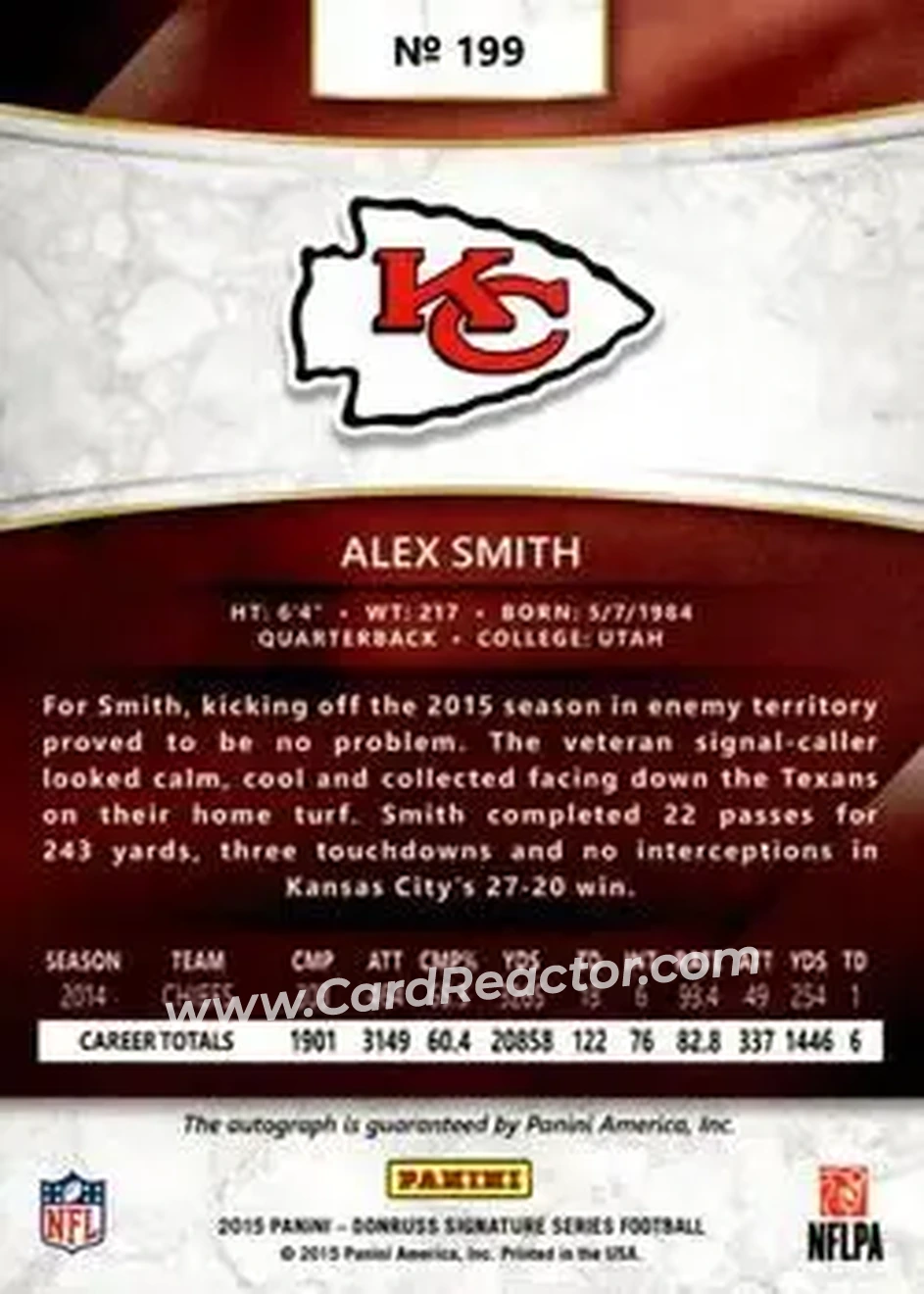 2015 Donruss Signature Series - Gold #199 - Alex Smith - Kansas City Chiefs - Back
