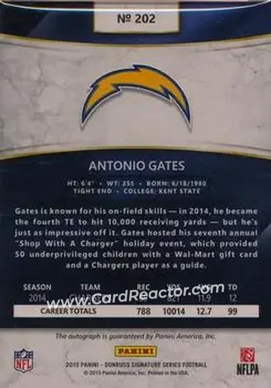 2015 Donruss Signature Series - Gold #202 - Antonio Gates - San Diego Chargers - Back 2015 Donruss Signature Series - Gold #202 - Antonio Gates - San Diego Chargers - Back