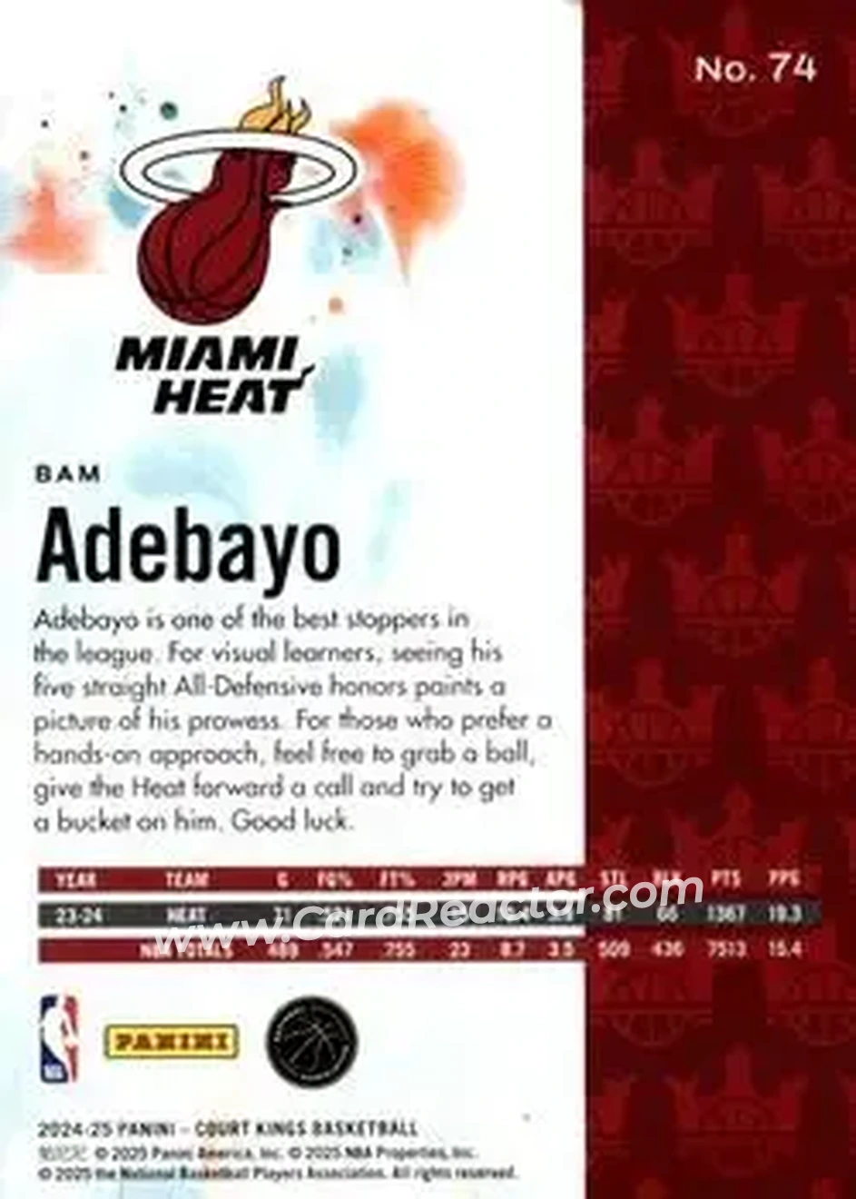 2024-25 Panini Court Kings #74 - Bam Adebayo - Miami Heat - Back 2024-25 Panini Court Kings #74 - Bam Adebayo - Miami Heat - Back