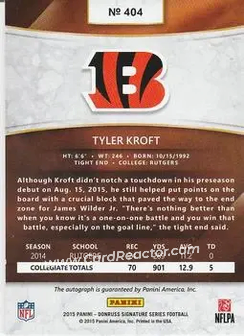 2015 Donruss Signature Series - Gold #404 - Tyler Kroft - Cincinnati Bengals - Back 2015 Donruss Signature Series - Gold #404 - Tyler Kroft - Cincinnati Bengals - Back