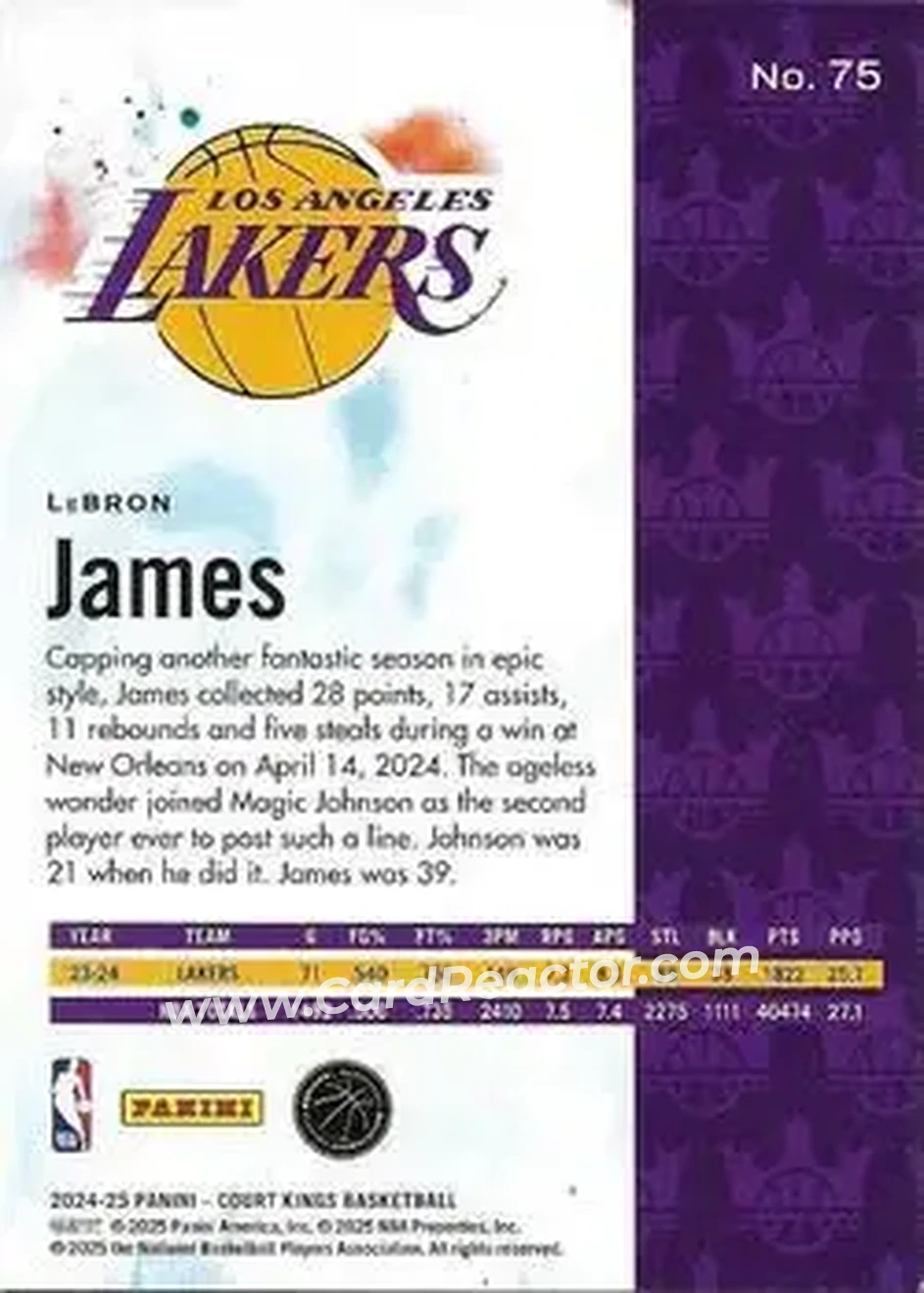 2024-25 Panini Court Kings #75 - LeBron James - Los Angeles Lakers - Back
