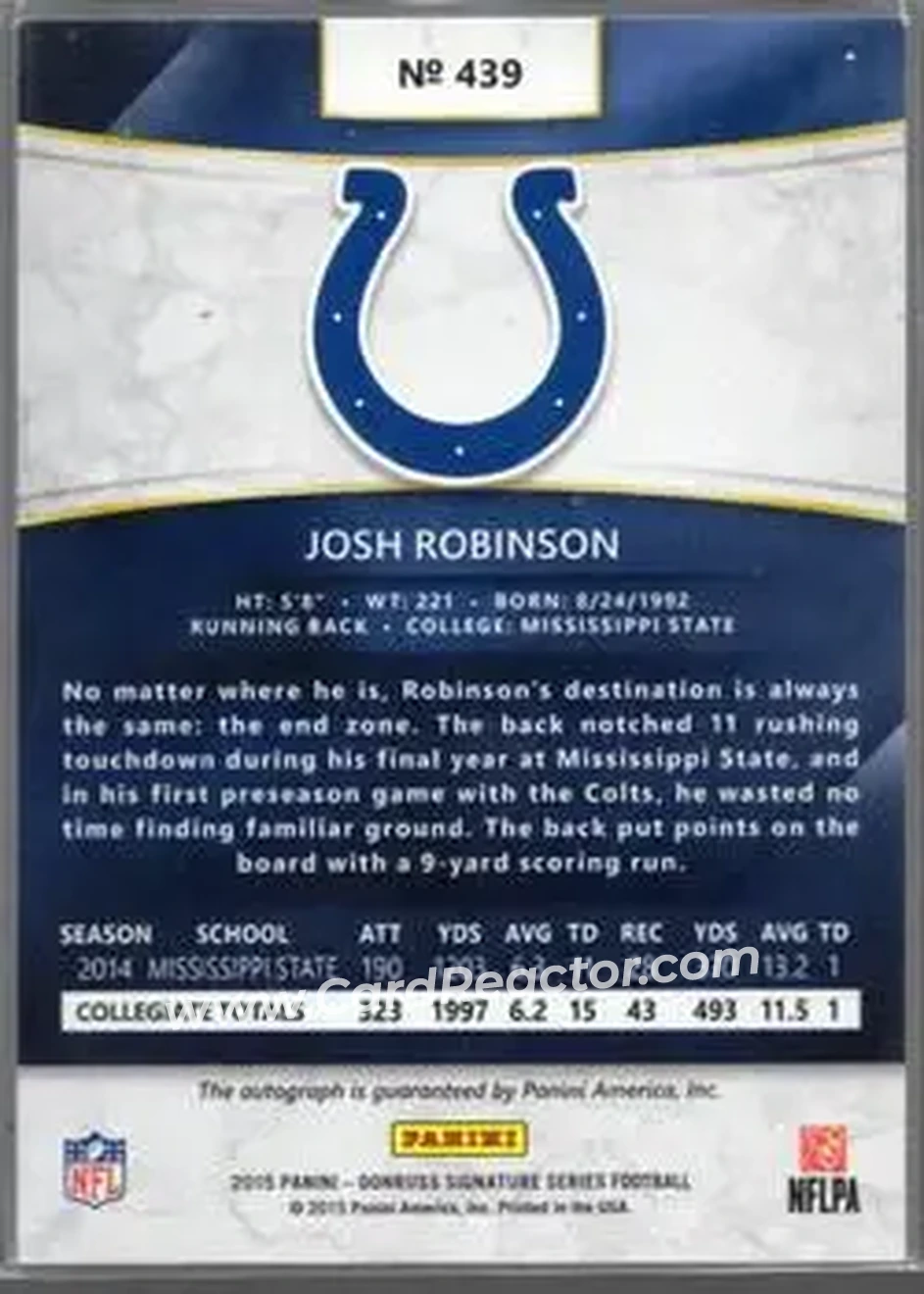 2015 Donruss Signature Series - Gold #439 - Josh Robinson - Indianapolis Colts - Back
