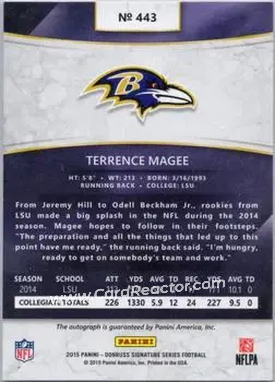2015 Donruss Signature Series - Gold #443 - Terrence Magee - Baltimore Ravens - Back
