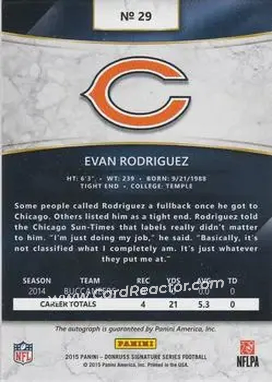 2015 Donruss Signature Series - Magma #29 - Evan Rodriguez - Chicago Bears - Back