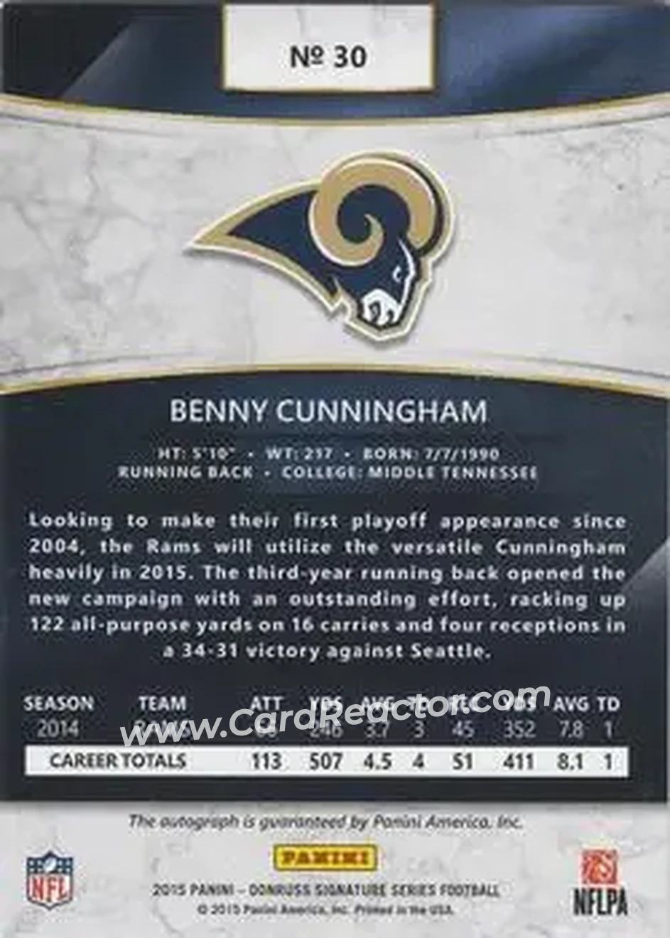 2015 Donruss Signature Series - Magma #30 - Benny Cunningham - St. Louis Rams - Back