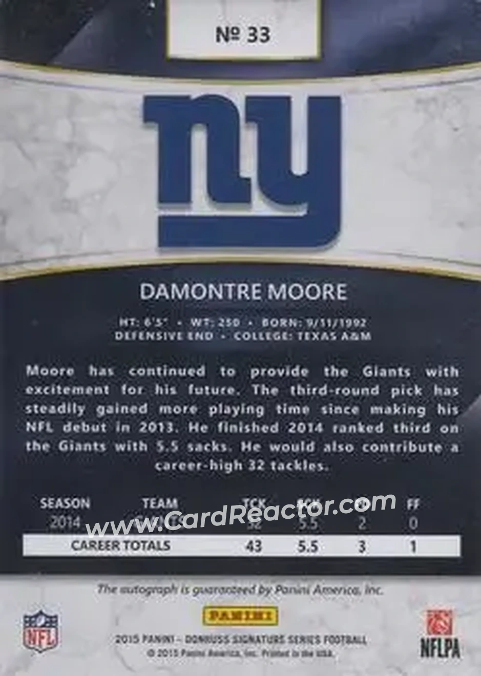 2015 Donruss Signature Series - Magma #33 - Damontre Moore - New York Giants - Back 2015 Donruss Signature Series - Magma #33 - Damontre Moore - New York Giants - Back