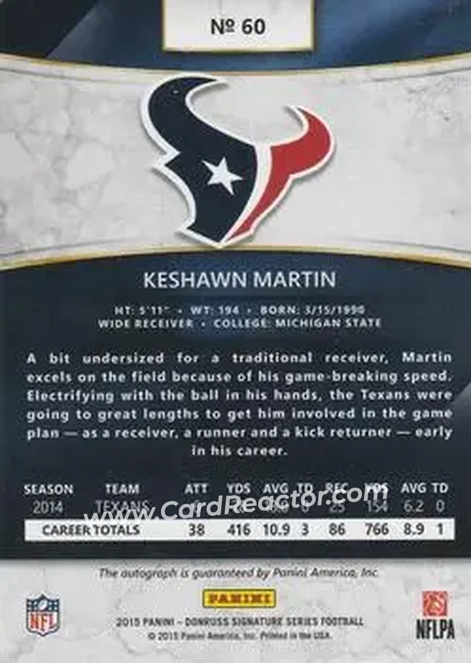 2015 Donruss Signature Series - Magma #60 - Keshawn Martin - Houston Texans - Back