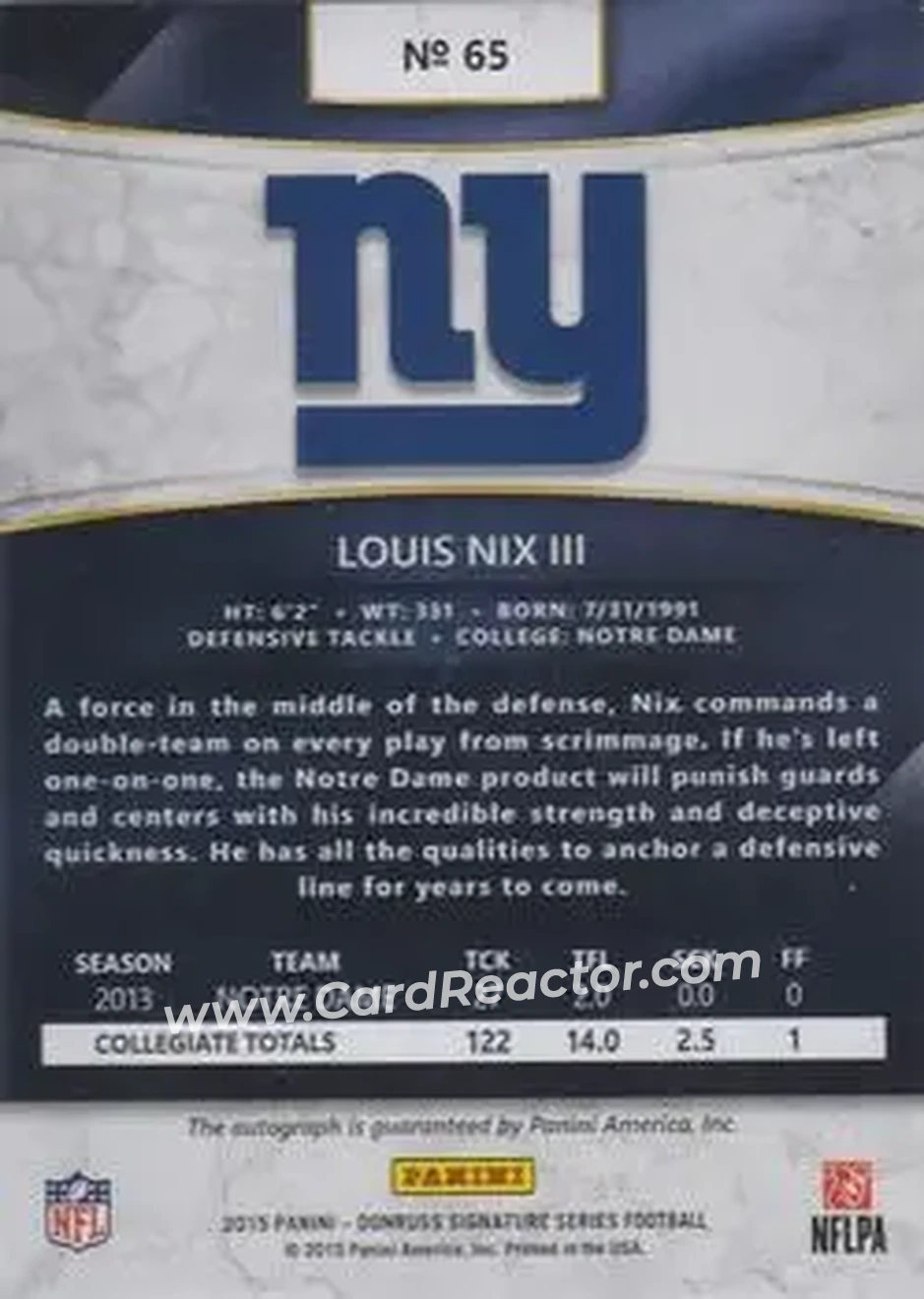 2015 Donruss Signature Series - Magma #65 - Louis Nix III - New York Giants - Back