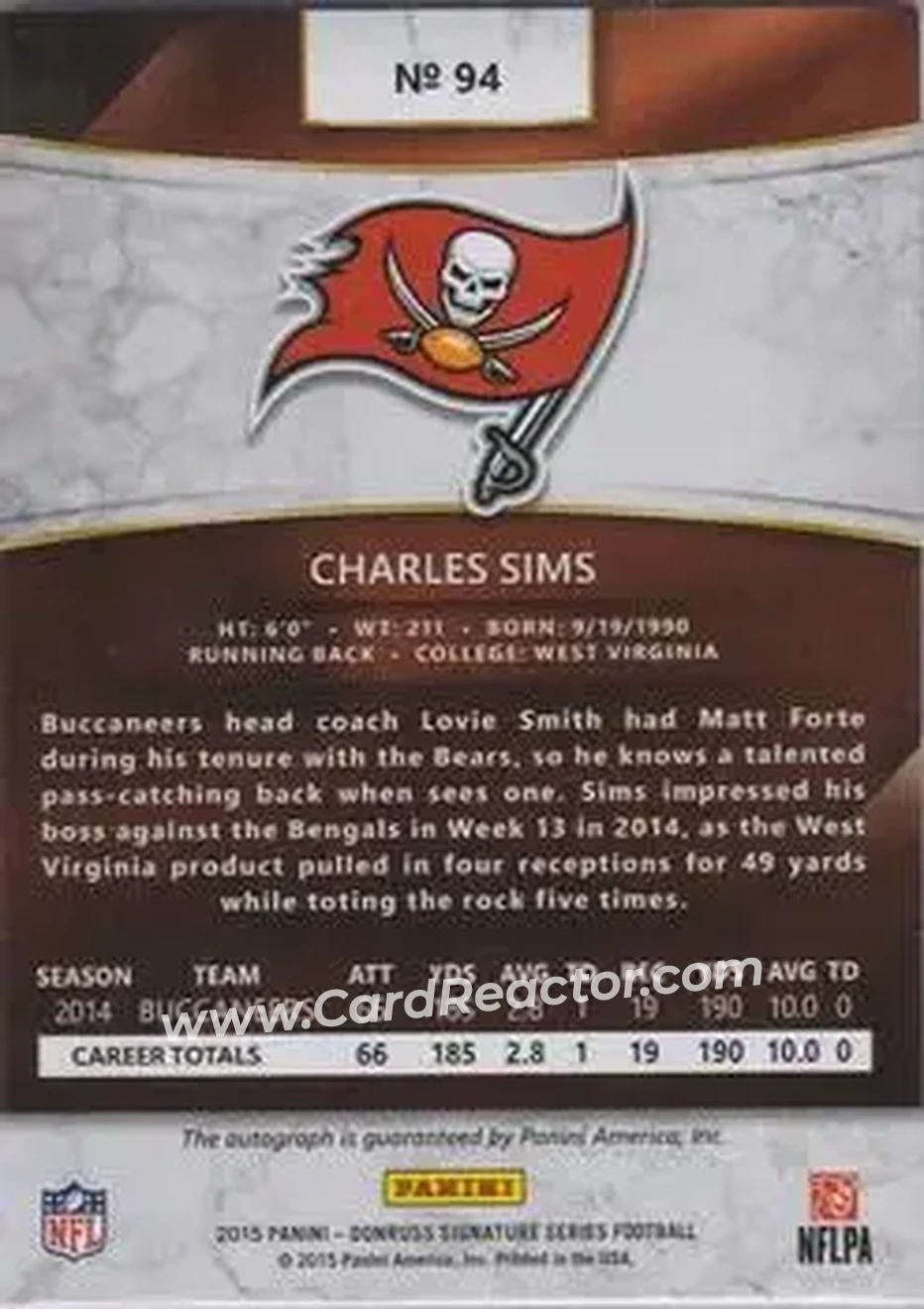 2015 Donruss Signature Series - Magma #94 - Charles Sims - Tampa Bay Buccaneers - Back