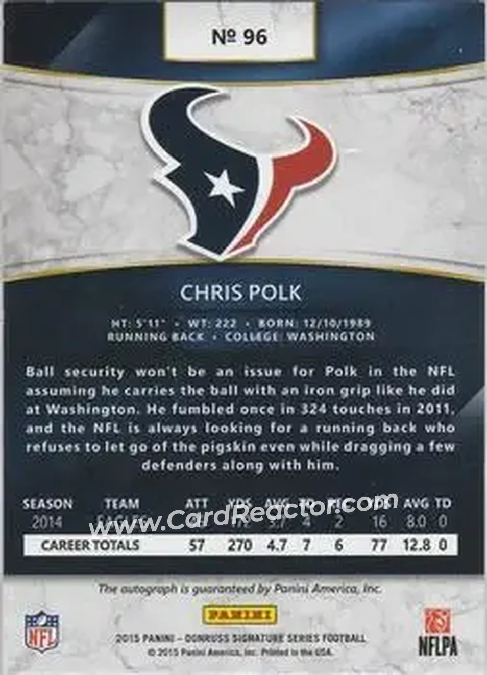 2015 Donruss Signature Series - Magma #96 - Chris Polk - Houston Texans - Back