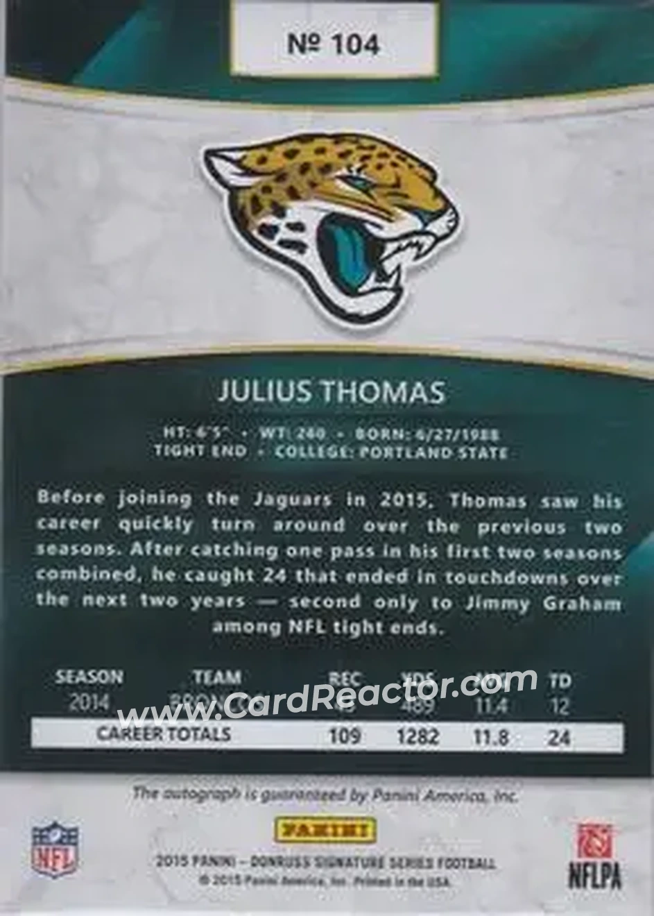 2015 Donruss Signature Series - Magma #104 - Julius Thomas - Jacksonville Jaguars - Back