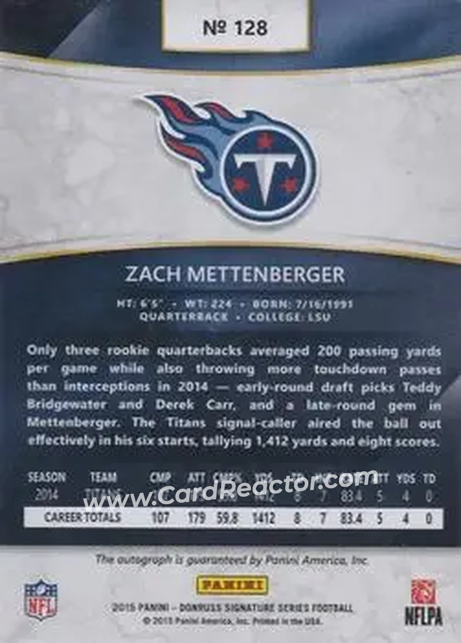 2015 Donruss Signature Series - Magma #128 - Zach Mettenberger - Tennessee Titans - Back