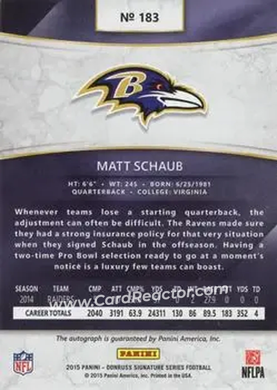 2015 Donruss Signature Series - Magma #183 - Matt Schaub - Baltimore Ravens - Back