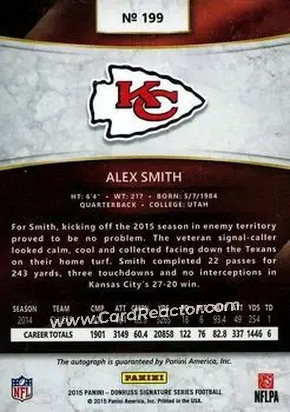 2015 Donruss Signature Series - Magma #199 - Alex Smith - Kansas City Chiefs - Back