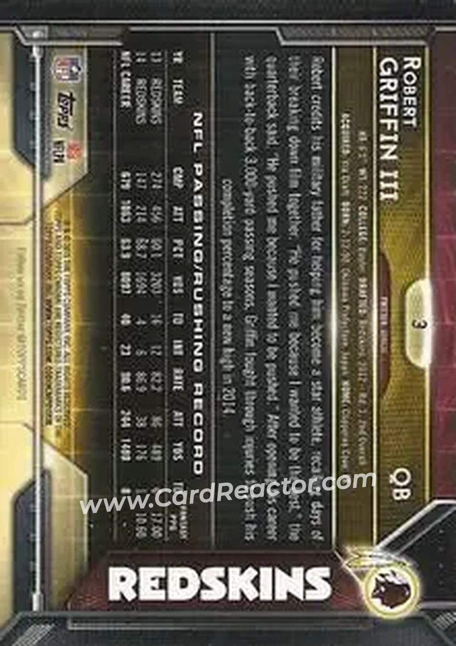 2015 Topps Chrome Mini #3 - Robert Griffin III - Washington Redskins - Back