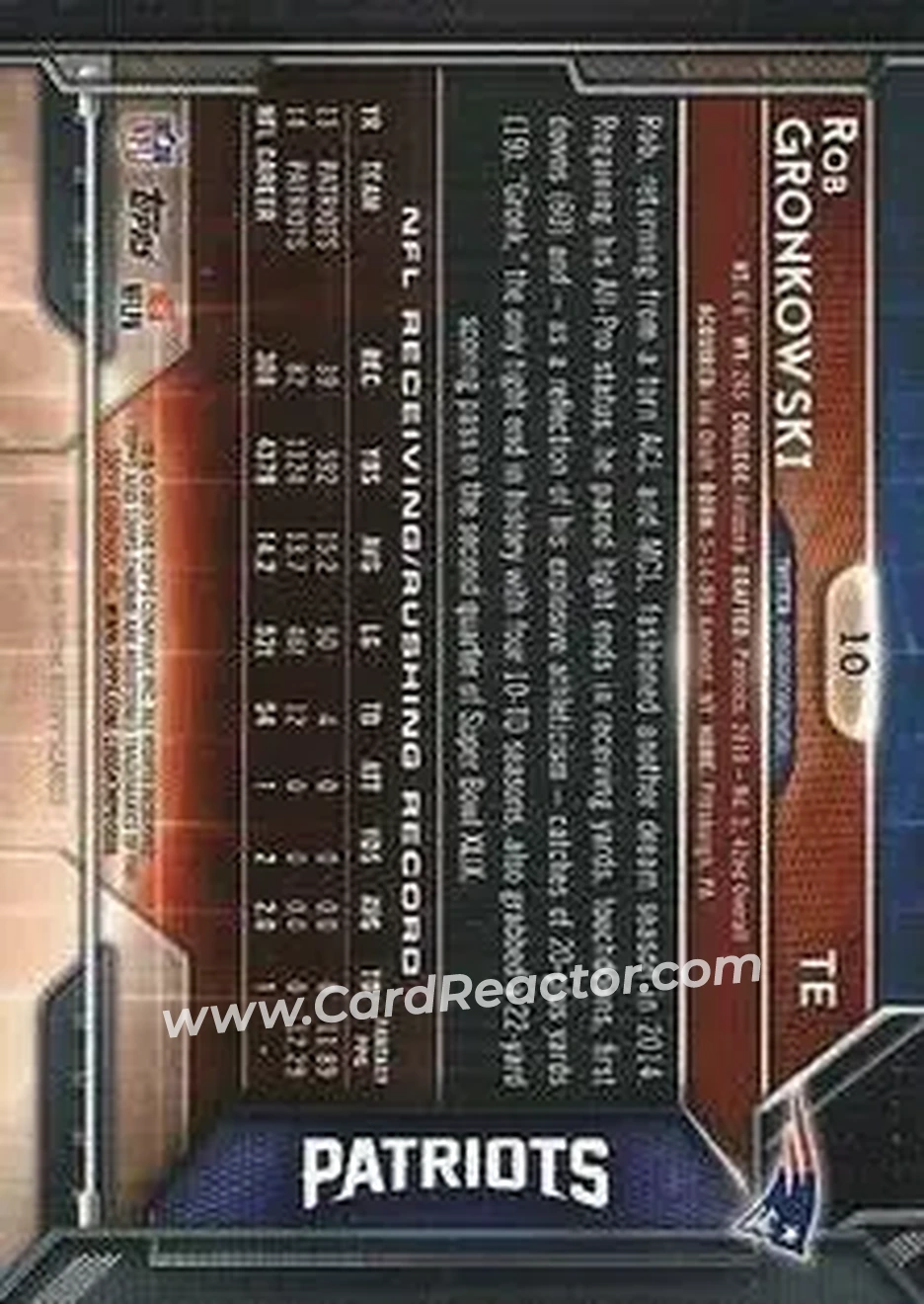 2015 Topps Chrome Mini #10 - Rob Gronkowski - New England Patriots - Back