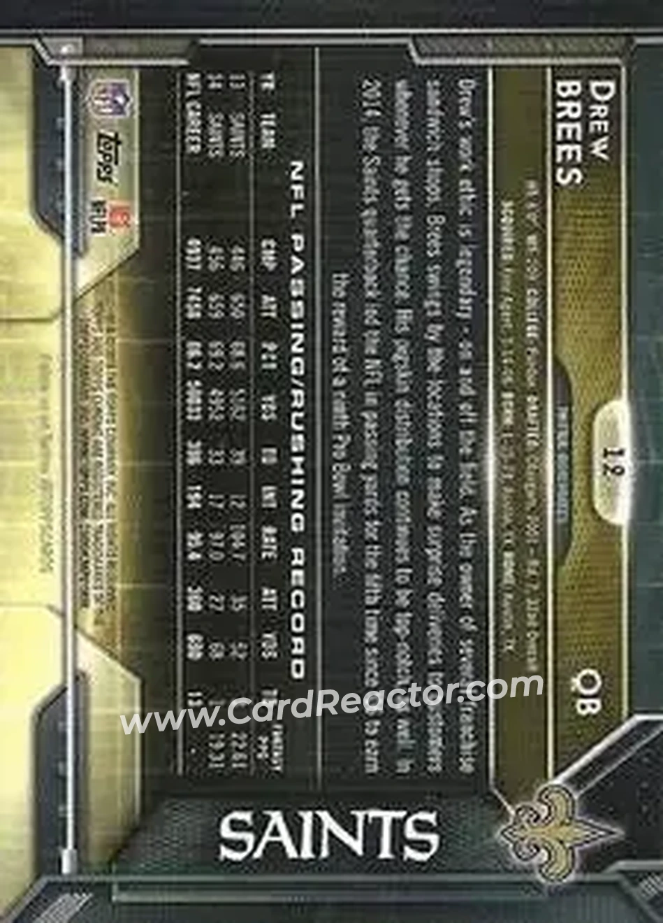 2015 Topps Chrome Mini #12 - Drew Brees - New Orleans Saints - Back 2015 Topps Chrome Mini #12 - Drew Brees - New Orleans Saints - Back