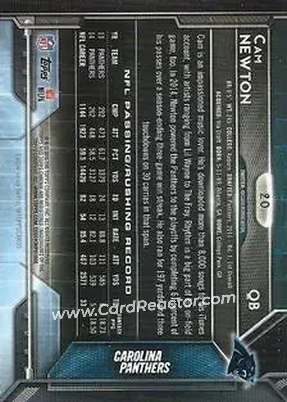 2015 Topps Chrome Mini #20 - Cam Newton - Carolina Panthers - Back