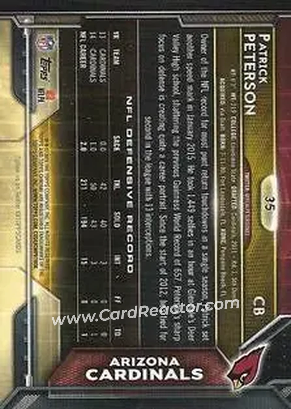 2015 Topps Chrome Mini #35 - Patrick Peterson - Arizona Cardinals - Back