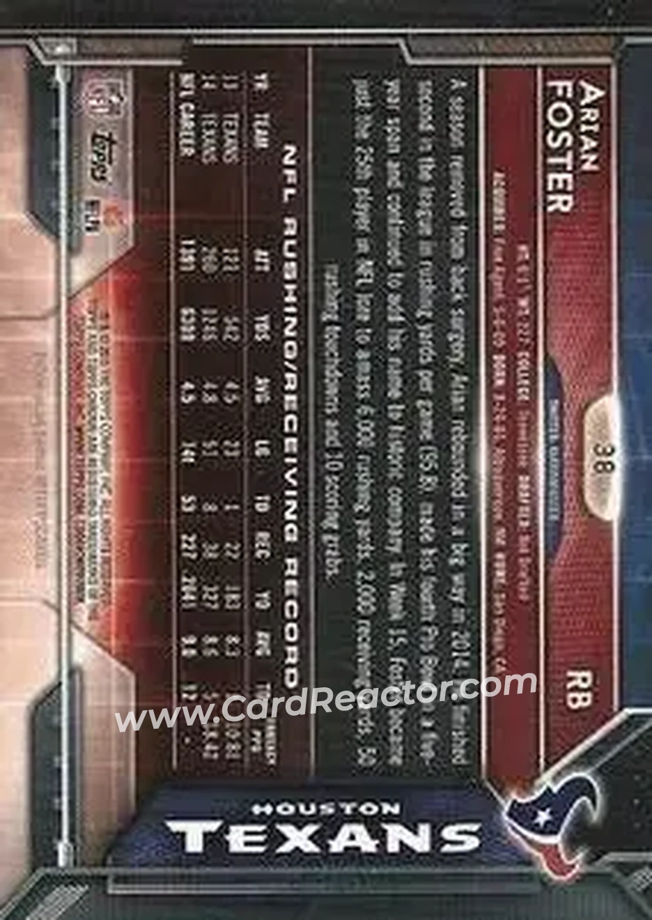 2015 Topps Chrome Mini #38 - Arian Foster - Houston Texans - Back