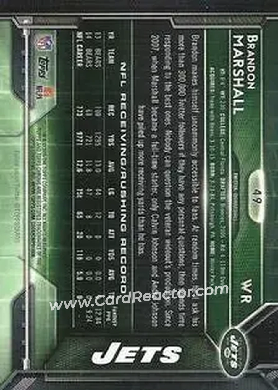 2015 Topps Chrome Mini #49 - Brandon Marshall - New York Jets - Back