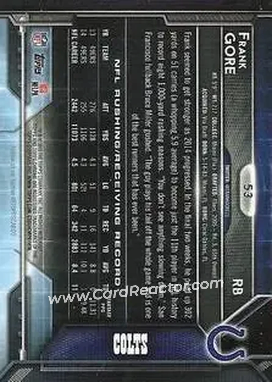 2015 Topps Chrome Mini #53 - Frank Gore - Indianapolis Colts - Back