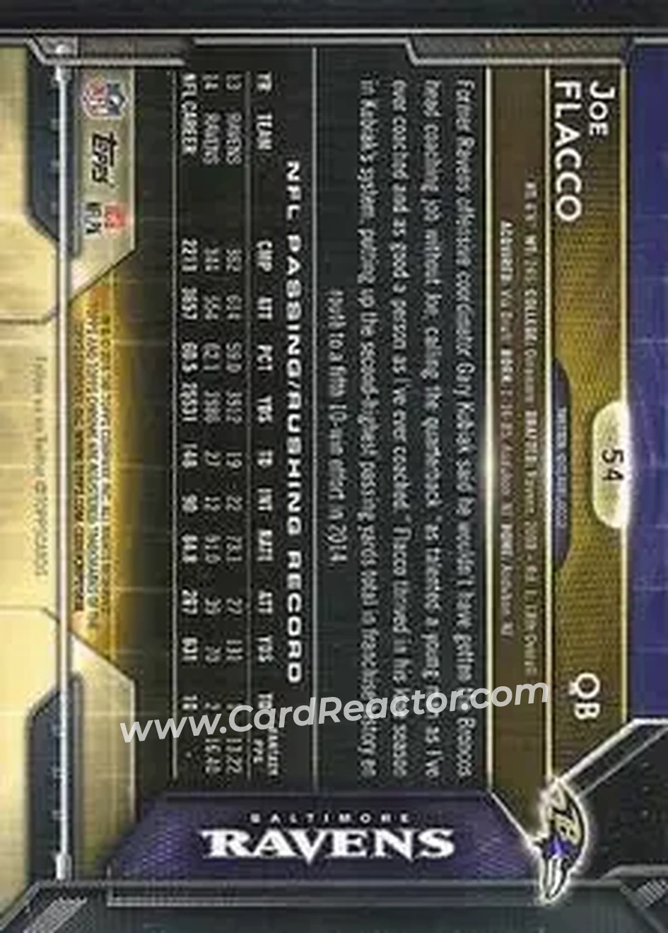 2015 Topps Chrome Mini #54 - Joe Flacco - Baltimore Ravens - Back