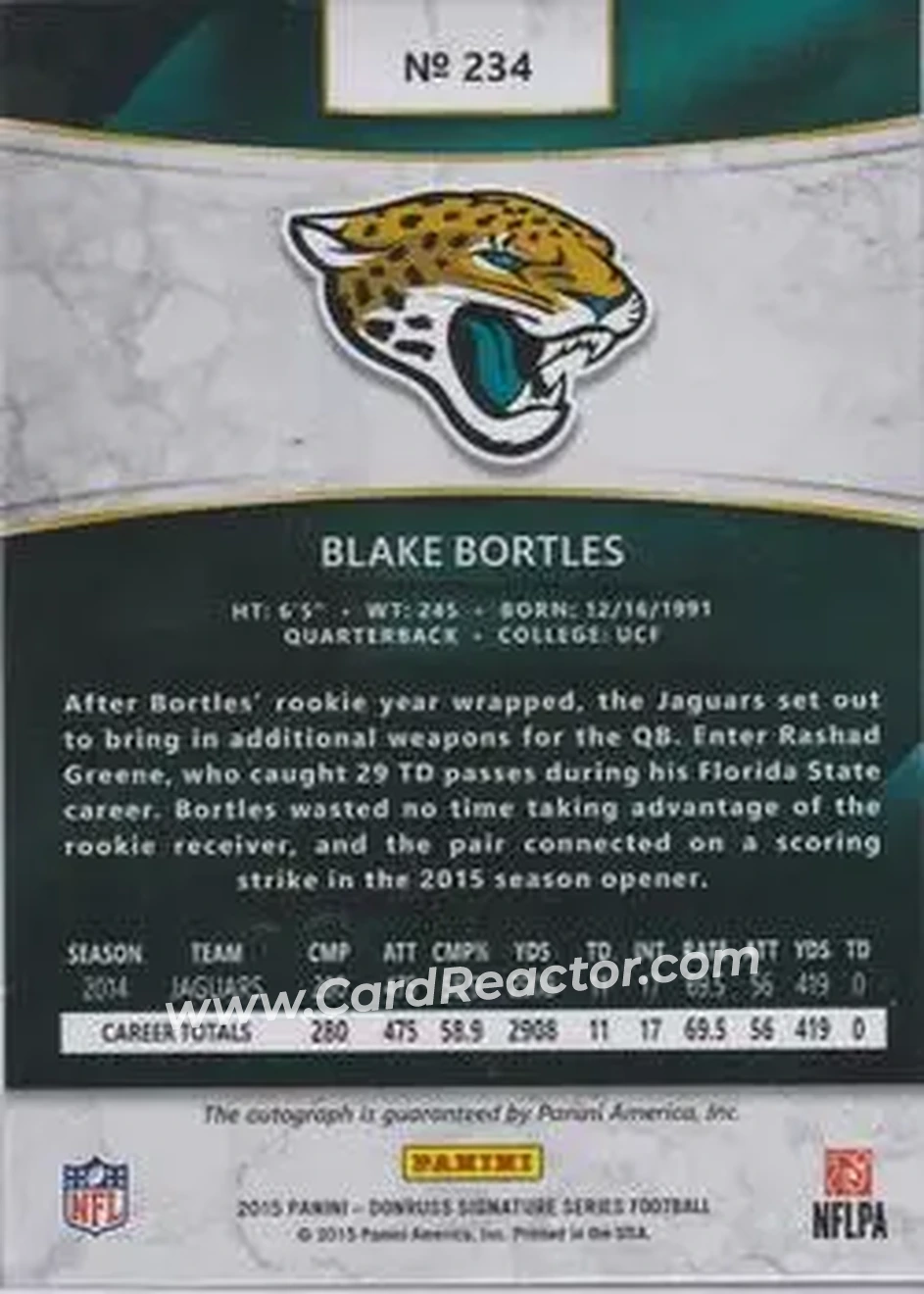 2015 Donruss Signature Series - Magma #234 - Blake Bortles - Jacksonville Jaguars - Back