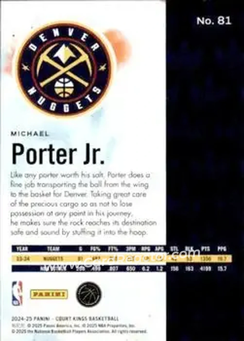 2024-25 Panini Court Kings #81 - Michael Porter Jr. - Denver Nuggets - Back