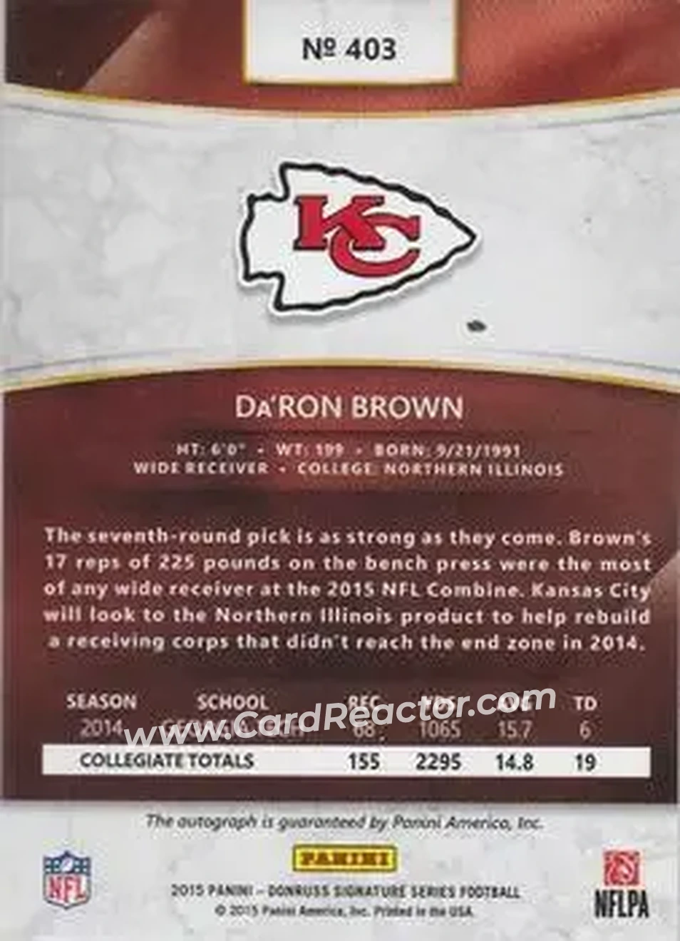 2015 Donruss Signature Series - Magma #403 - Da'Ron Brown - Kansas City Chiefs - Back