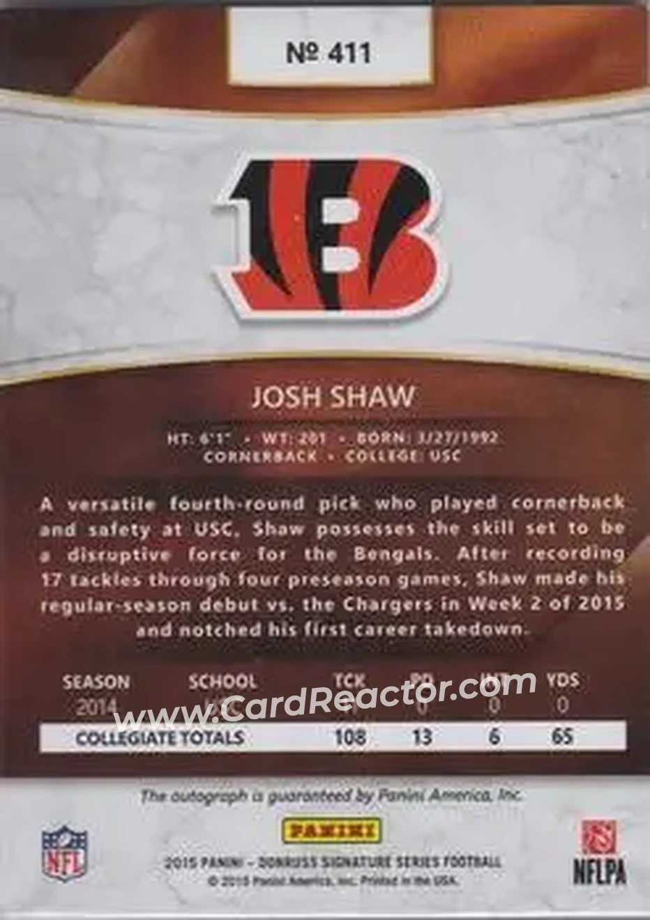 2015 Donruss Signature Series - Magma #411 - Josh Shaw - Cincinnati Bengals - Back