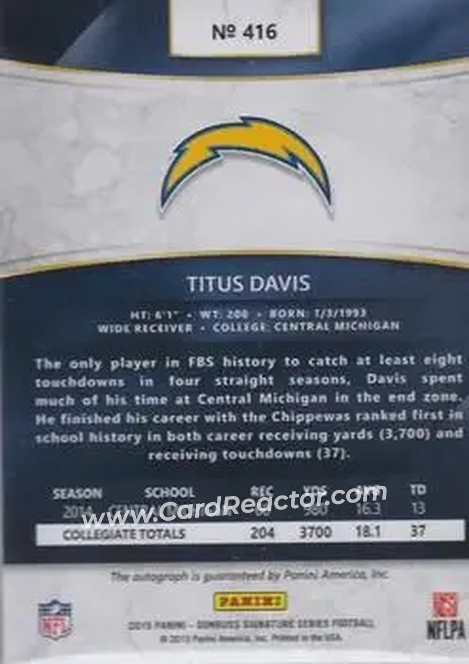 2015 Donruss Signature Series - Magma #416 - Titus Davis - San Diego Chargers - Back