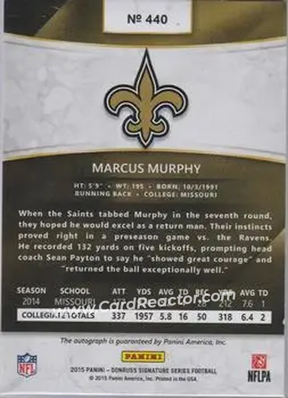 2015 Donruss Signature Series - Magma #440 - Marcus Murphy - New Orleans Saints - Back