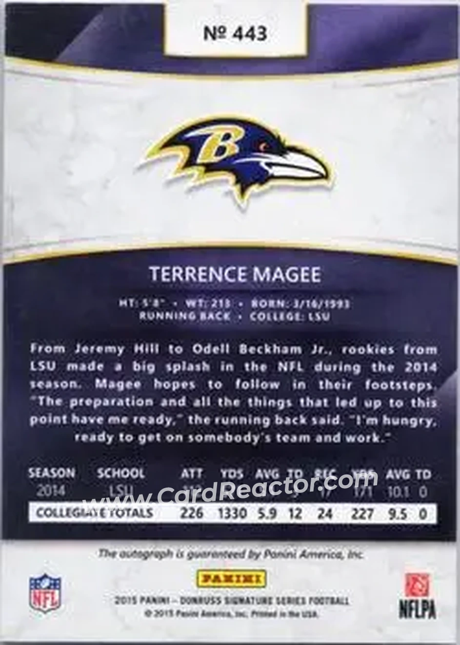 2015 Donruss Signature Series - Magma #443 - Terrence Magee - Baltimore Ravens - Back