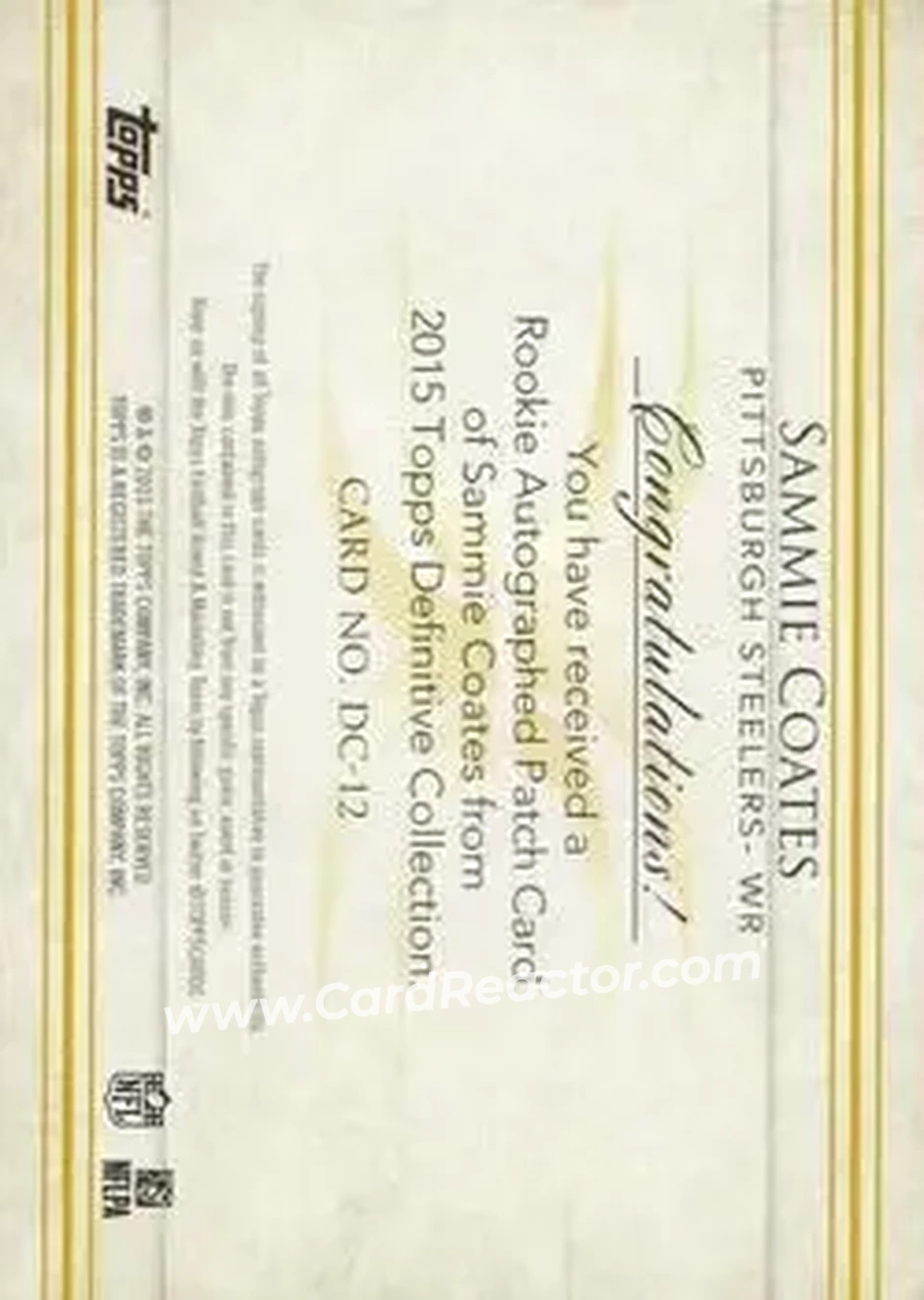 2015 Topps Definitive Collection #DC-12 - Sammie Coates - Pittsburgh Steelers - Back