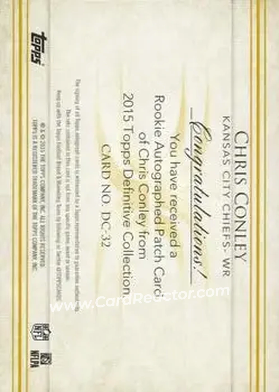 2015 Topps Definitive Collection - Green #DC-32 - Chris Conley - Kansas City Chiefs - Back
