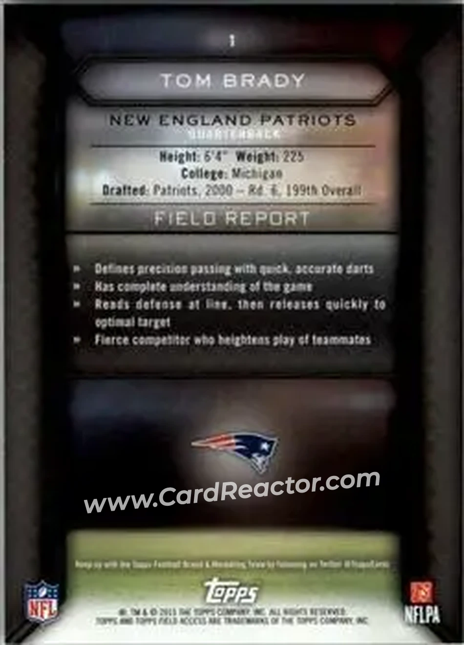 2015 Topps Field Access #1 - Tom Brady - New England Patriots - Back