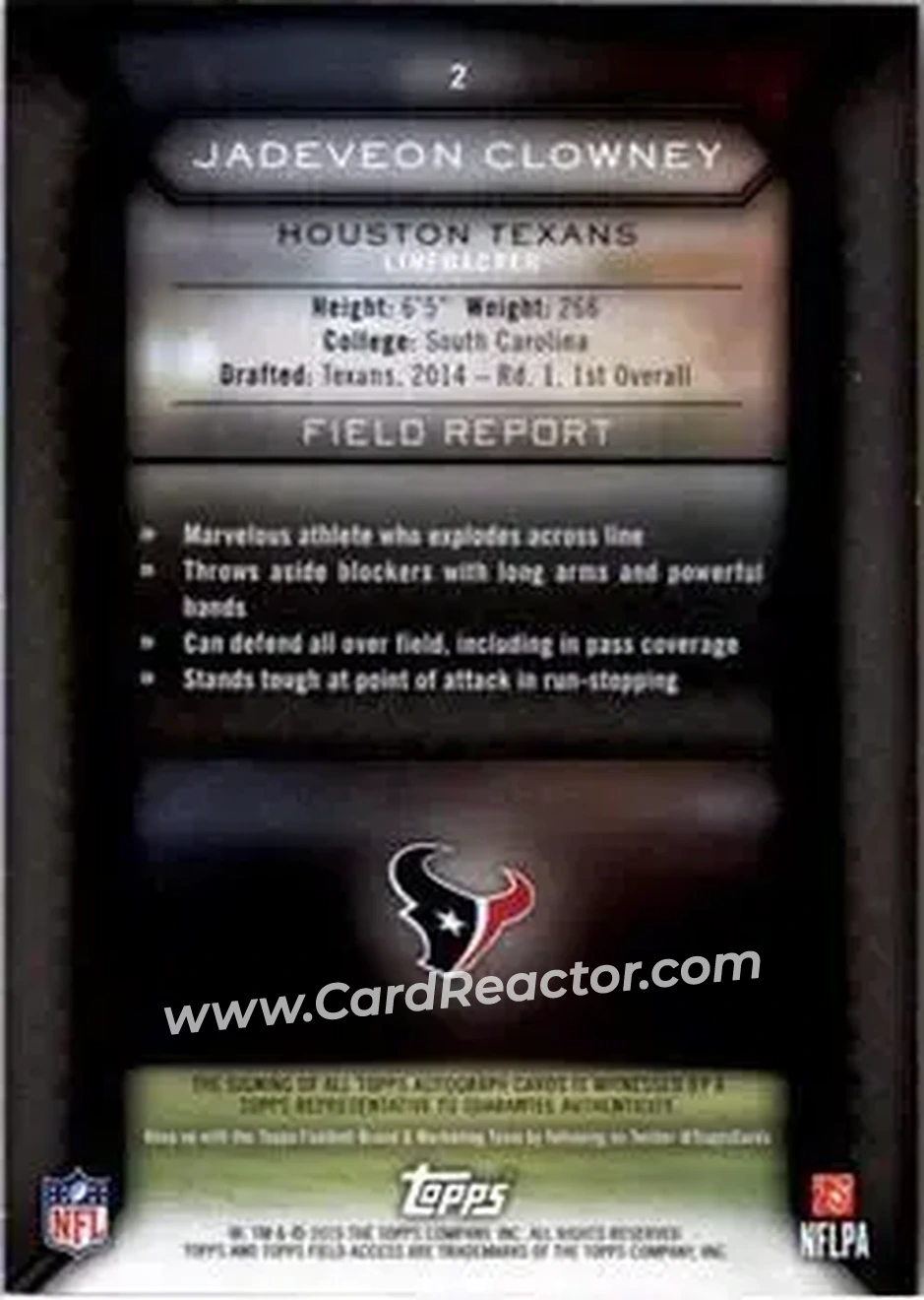 2015 Topps Field Access #2 - Jadeveon Clowney - Houston Texans - Back