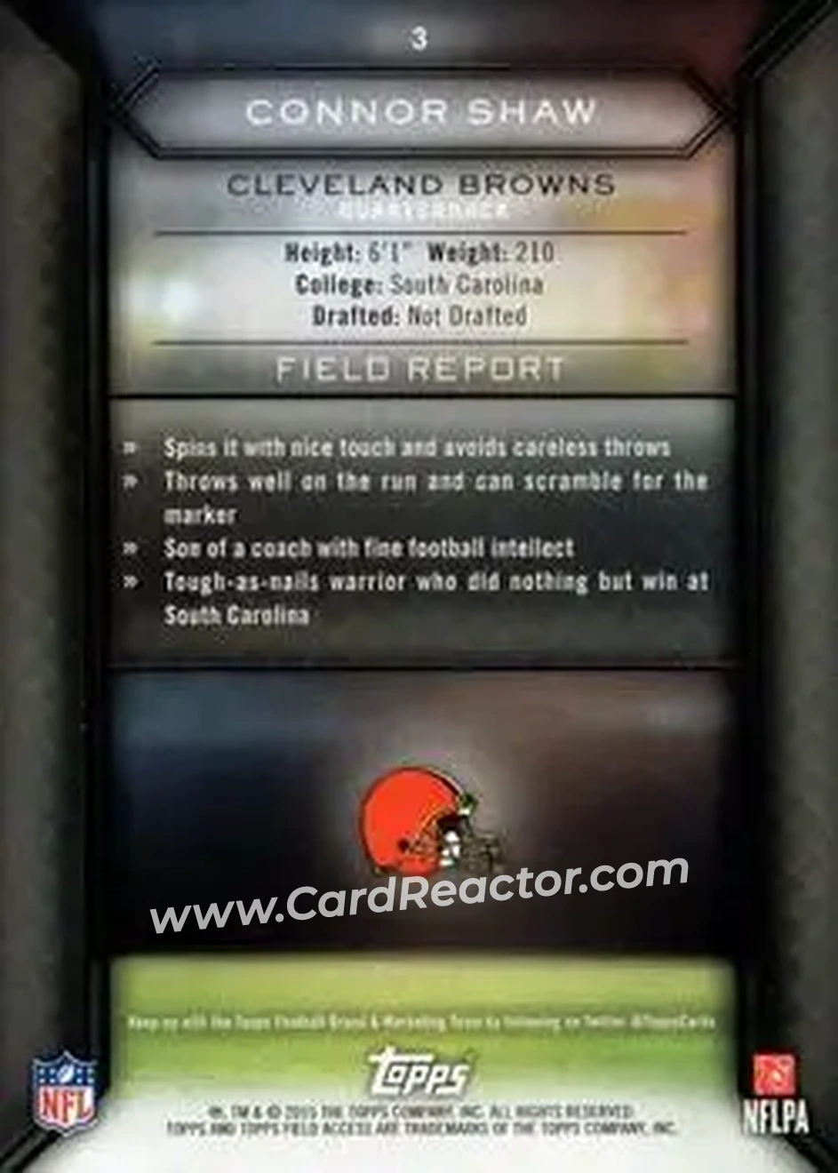 2015 Topps Field Access #3 - Connor Shaw - Cleveland Browns - Back