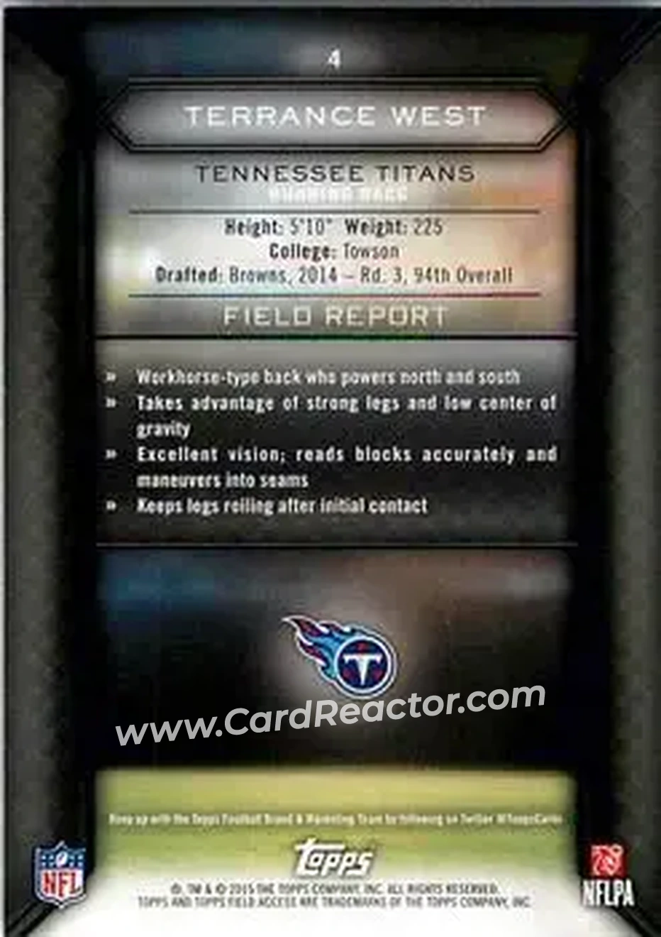 2015 Topps Field Access #4 - Terrance West - Tennessee Titans - Back