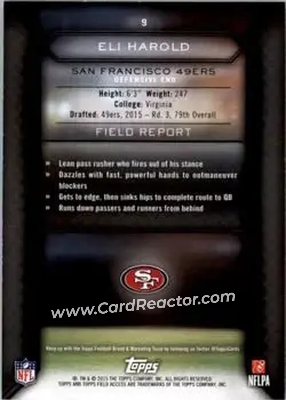 2015 Topps Field Access #9 - Eli Harold - San Francisco 49ers - Back