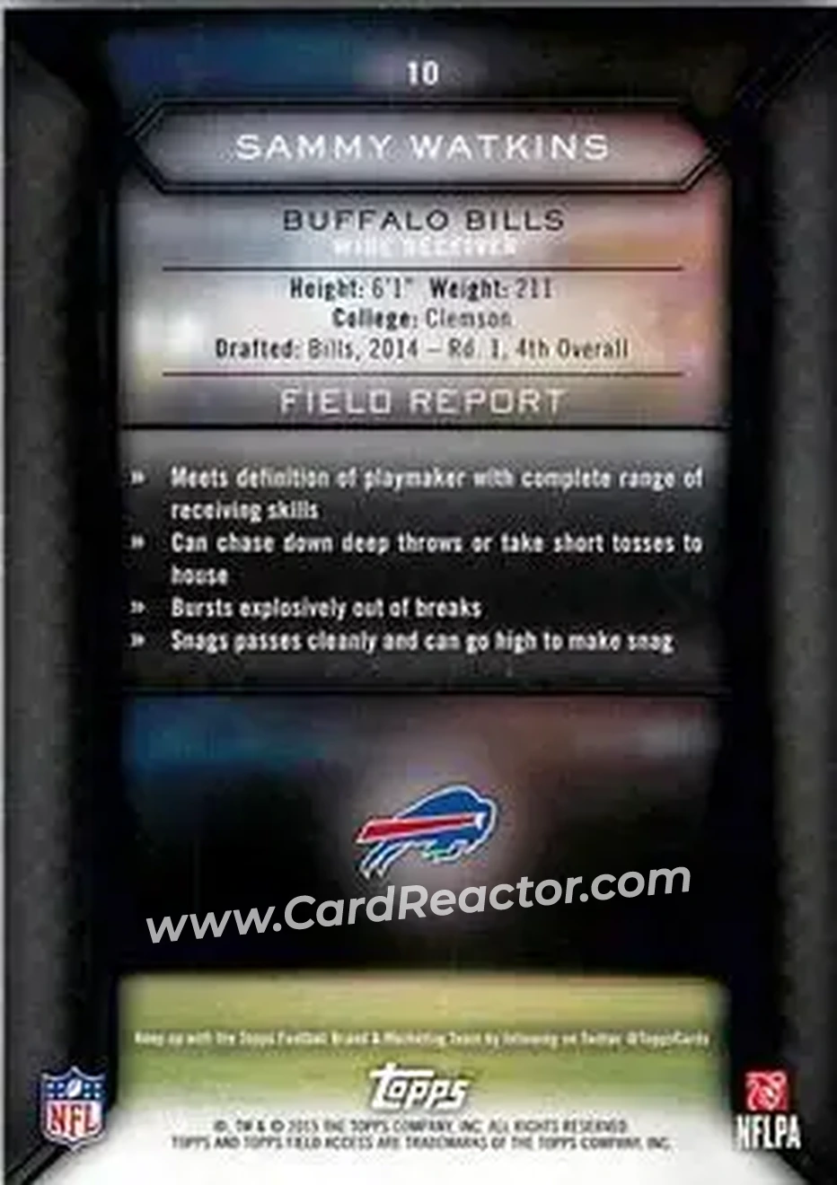 2015 Topps Field Access #10 - Sammy Watkins - Buffalo Bills - Back